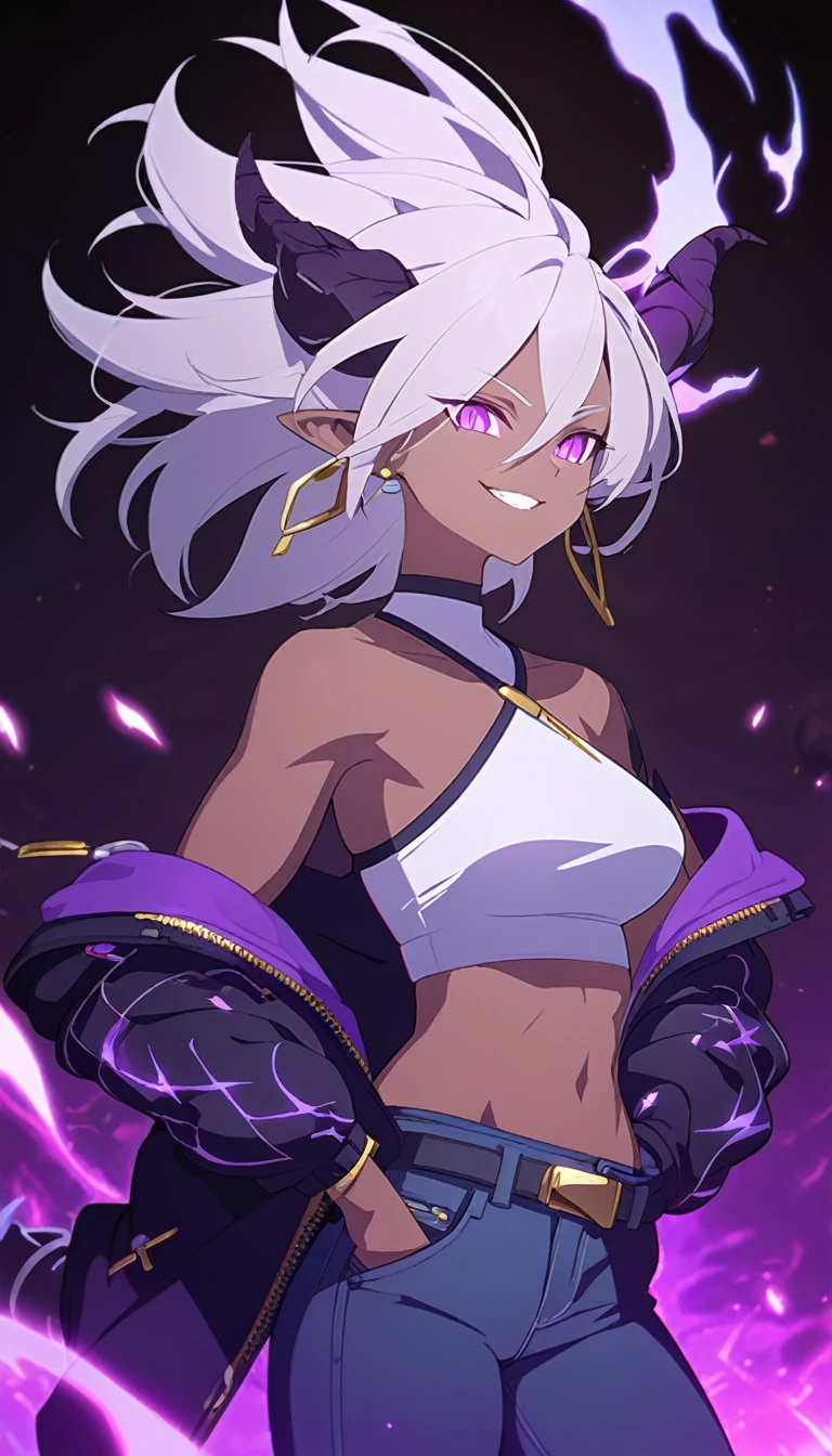 Dark-skinned tomboyish woman, large spiral dragon horns on head, short puffy Android 21 silver hair, violet eyes, long pointy ears, black scales on arms, gold jewelry, calm and cool attitude, small grin, white cropped halter top, dark blue jeans, hand in pocket, dark background, swirling purple fire aura, detailed facial features, dynamic lighting, vibrant colors, fantasy character