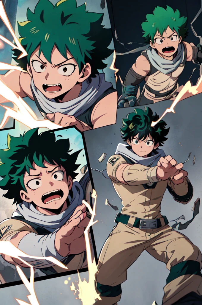 (Highest quality, masterpiece, RAW Photos,Very detailed:1.2),A look of determination、Full cowl 100%、Electric shock effect on the body、My Hero Academia,Izuku Midoriya、alone,View your viewers,ruins、Aggressive pose