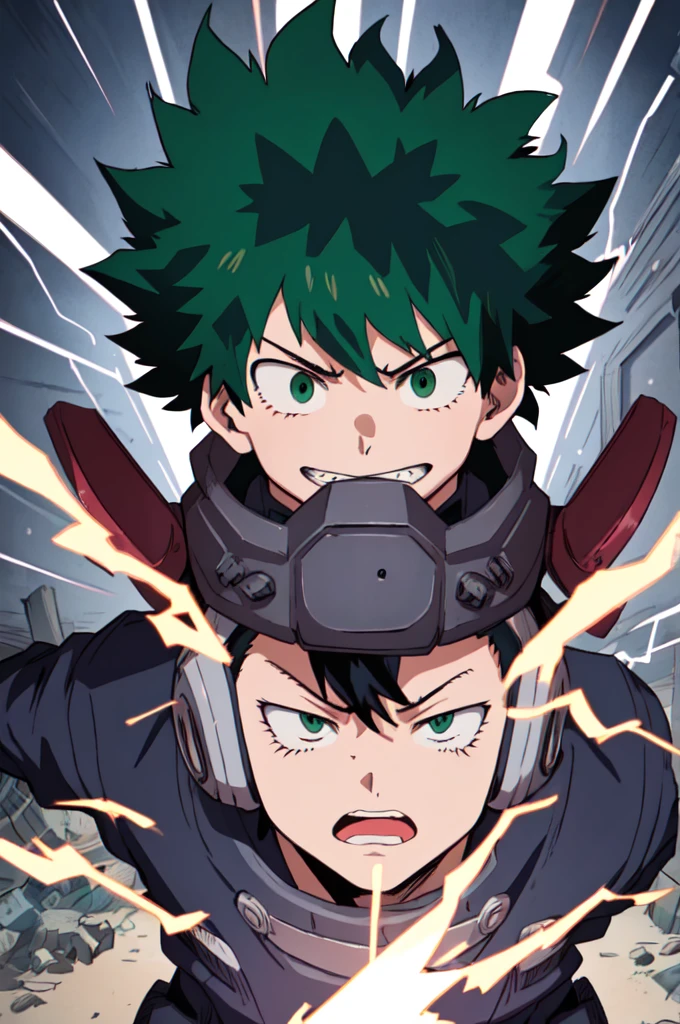 (Highest quality, masterpiece, RAW Photos,Very detailed:1.2),A look of determination、Full cowl 100％、Electric shock effect on the body、My Hero Academia,Izuku Midoriya、alone,View your viewers,ruins、Aggressive pose