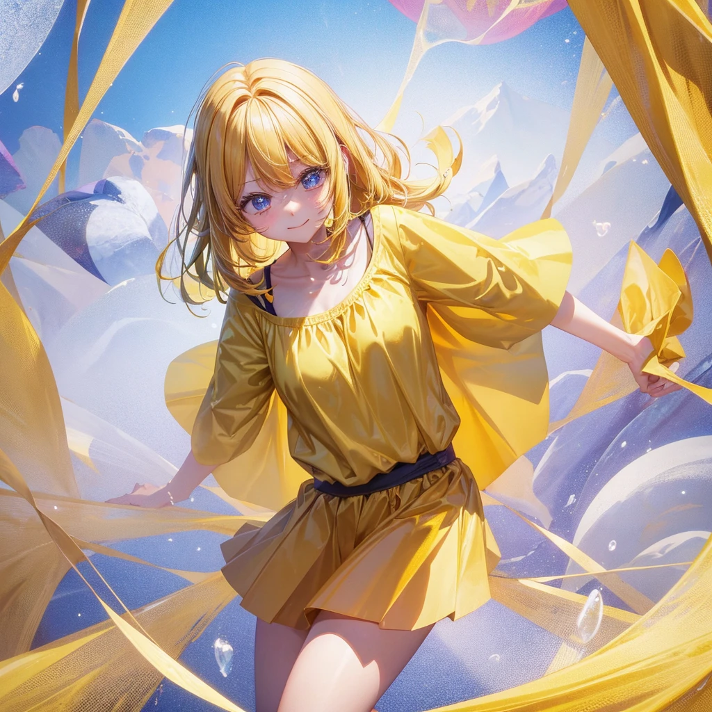 Cute and shy。A clumsy, yellow-haired girl wearing yellow clothes。