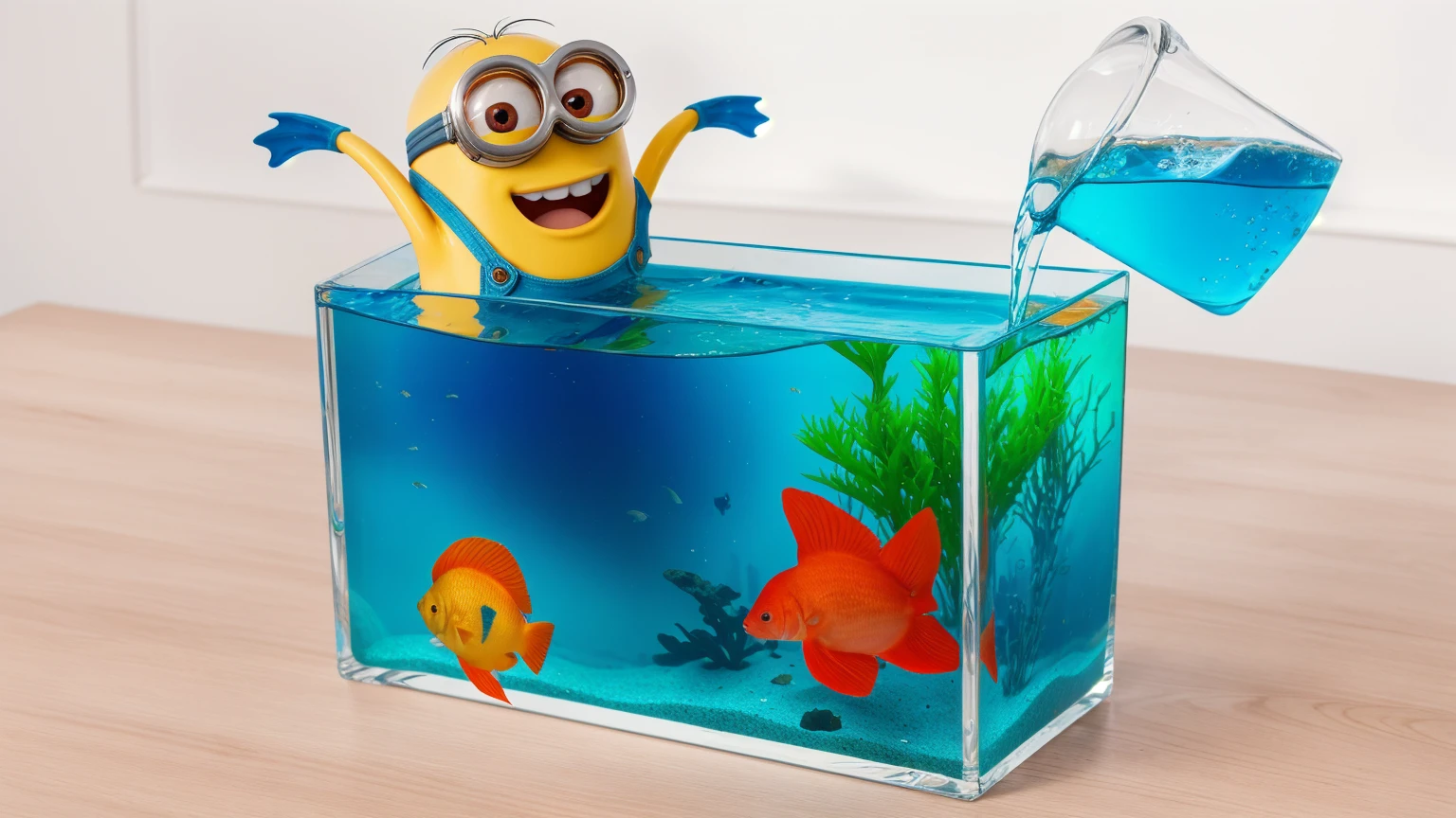 on a wooden table, there is a glass aquarium with blue water, a minion sitting in an aquarium, plastic red starfish in the aquarium, orange plastic shell and plastic green algae . water is poured from a measuring cup into an aquarium, against the background of the kitchen .beautiful lighting, Beautiful sunlight, realistic style , realistic texture, detailed texture, a high resolution, high quality, ultra hd 4k 