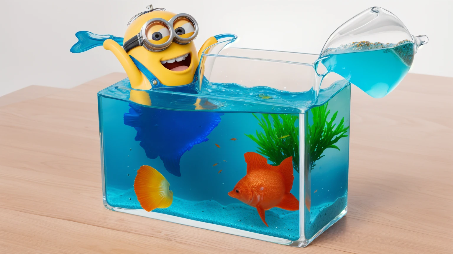 on a wooden table, there is a glass aquarium with blue water, a minion sitting in an aquarium, plastic red starfish in the aquarium, orange plastic shell and plastic green algae . water is poured from a measuring cup into an aquarium, against the background of the kitchen .beautiful lighting, Beautiful sunlight, realistic style , realistic texture, detailed texture, a high resolution, high quality, ultra hd 4k