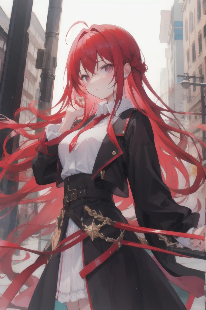 red hair, I'm bald, long straight hair, red eyes, Red frilly dress with black trim, black gloves and shoes, big black ribbon above head