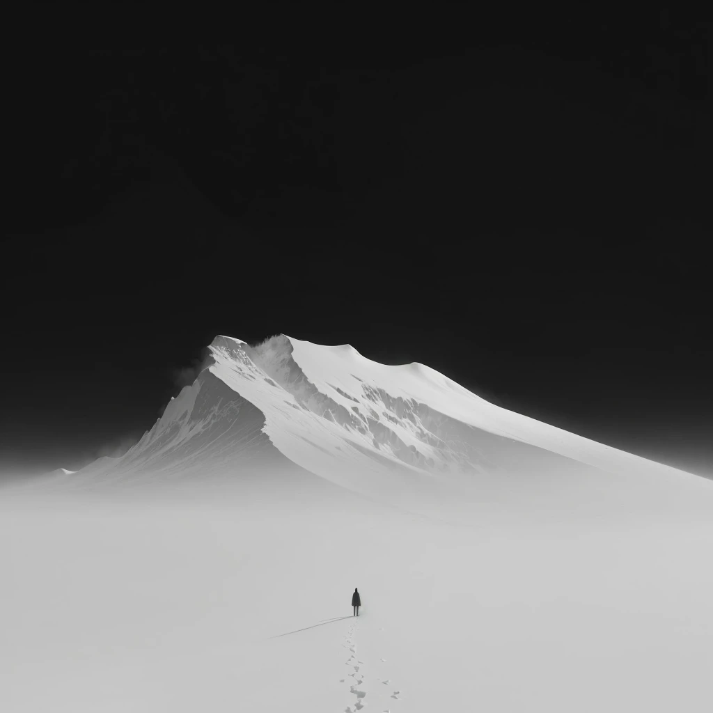 A person standing in the snow,A mountain in the background, author:Christopher Balaskas, author:Andrei Kolkoutine, inspired By Michal Kaltz, The art of simplicity, inspired author:Christopher Balaskas, Inspired by Michal Kartz, author Leo Leuppi, By Michal Kaltz, inspired author:Andrei Kolkoutine, Nicolas Delort