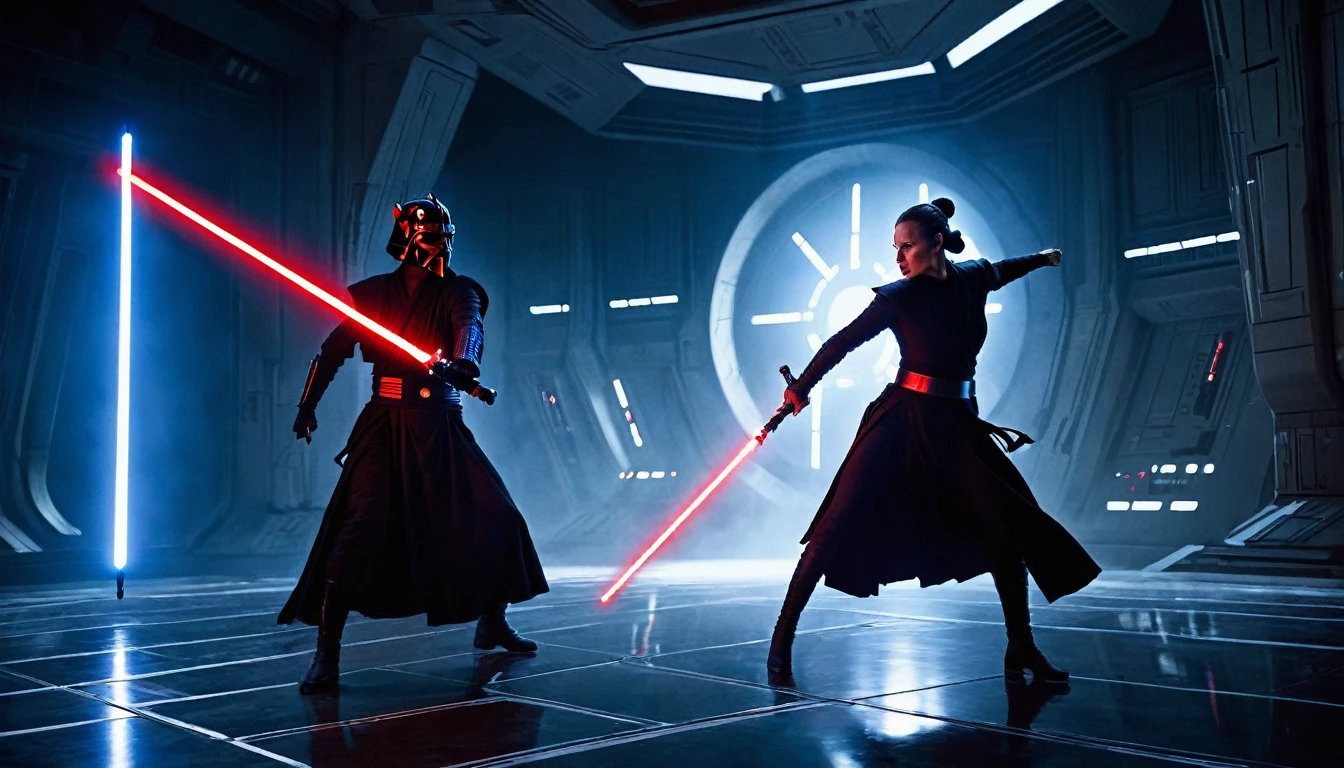 A spectacular cinematic moment from the Star Wars universe, where a dramatic fight scene unfolds between the iconic Darth Maul and a determined female Jedi Knight. The epic sci-fi atmosphere is palpable, with a dark sci-fi setting that transcends the traditional boundaries of the franchise. The stage is a moonlit hanger bay, with a colossal Star Destroyer looming in the background, casting long, dramatic shadows that dance across the metallic floor. The dramatic lighting is a masterful blend of deep blues and piercing reds, illuminating the intense duel and highlighting the stark contrast between the protagonist and antagonist. The female Jedi, her lightsaber ablaze with a vibrant blue, stands firm in a dynamic pose, her eyes narrowed with focus and her robes fluttering in the artificial breeze. Her opponent, Darth Maul, is a vision of malevolence, his double-bladed lightsaber crackling with dark energy, casting an eerie crimson glow that reflects off his horned helmet. His movements are fluid and precise, a terrifying ballet of rage and skill. The 8k resolution allows for an unparalleled level of detail, revealing the intricate textures of their armor and the flickering light playing across their faces. Photorealistic elements enhance the scene's authenticity, from the gleaming metal surfaces to the subtle reflections in the Jedi's eyes. The masterpiece captures the essence of cinematic storytelling, with dramatic shadows that not only emphasize the stark contrast in their allegiance but also symbolize the internal battle of light and dark within the characters themselves. The moody and dark undertones of the image create a sense of foreboding and tension, setting the scene for an unforgettable battle that is both a visual feast and a narrative climax. Each stroke of their lightsabers is captured in a frozen moment, leaving a trail of luminescence that pierces the gloom, a testament to the power and legacy of the Force. The masterful use of contrast and lighting gi