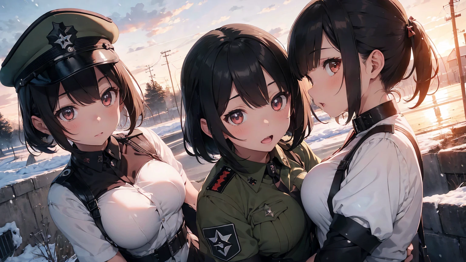  Gestapo uniform, female lesbian  kawaii sisters kissing passionately with T-54 military tank. wearing Luftwaffe uniforms. 8k. masterpiece. best quality. best artwork. lingerie. Swastika insignia red armband. bare breasts. sunset. snowing