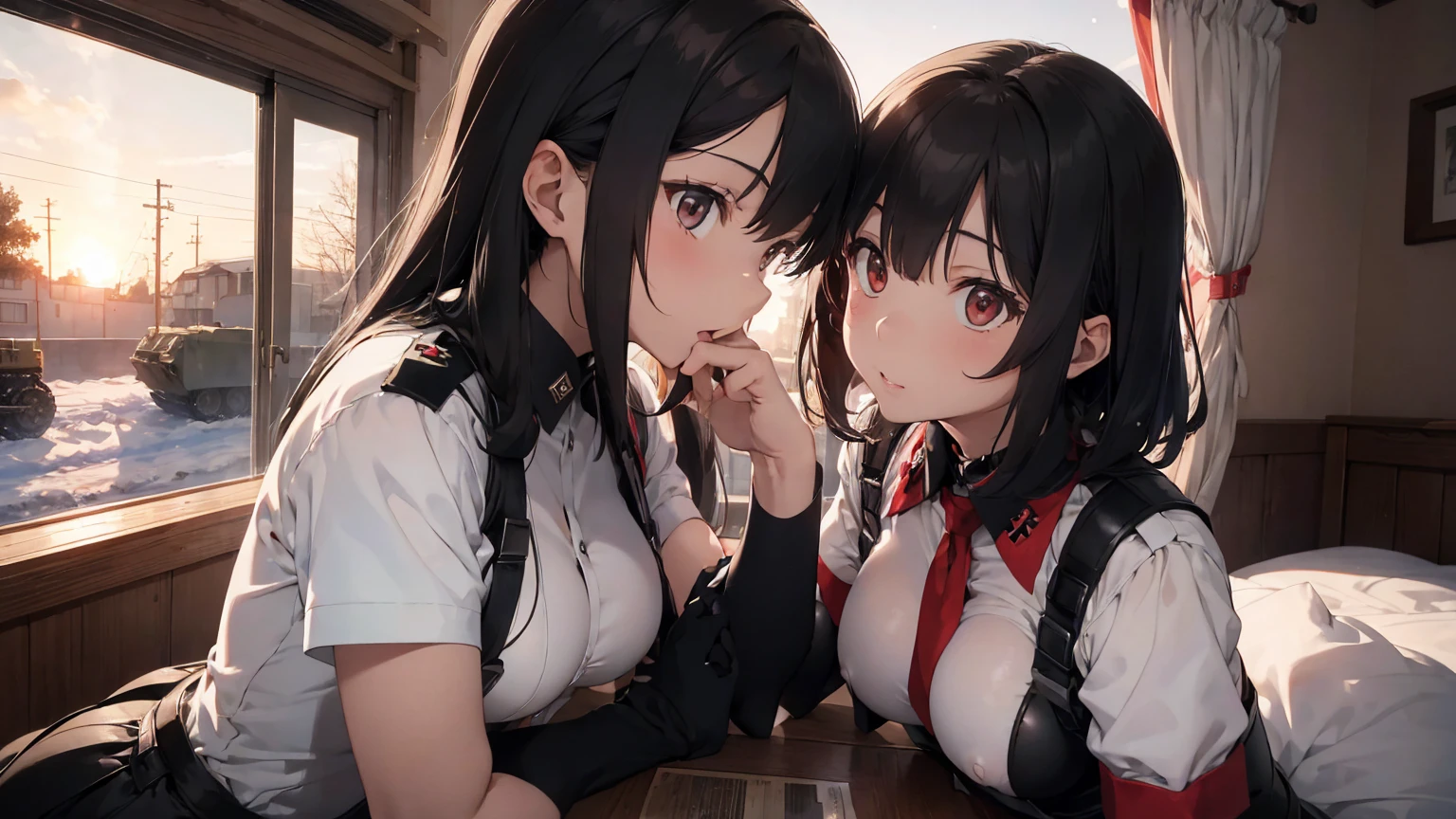 Gestapo uniform, female lesbian kawaii sisters kissing passionately with T-54 military tank. wearing Luftwaffe uniforms. 8k. masterpiece. best quality. best artwork. lingerie. Swastika insignia red armband. bare breasts. sunset. snowing