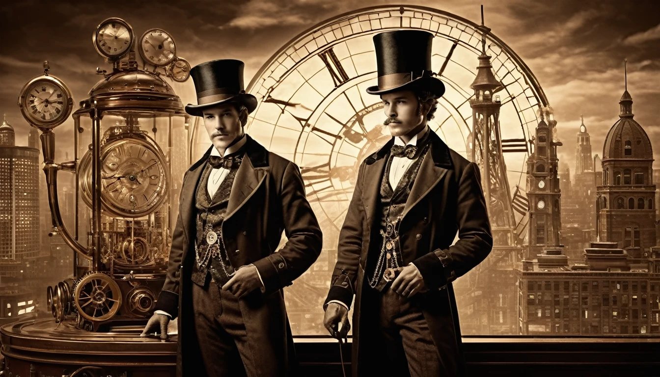 A sepia-toned photograph showing a 19th-century time traveler, dressed in period clothing with a top hat and pocket watch, standing beside an elaborate, steampunk-inspired time machine. The backdrop is a stunningly futuristic cityscape from the 25th or 30th century, featuring towering skyscrapers with neon lights, flying vehicles, and advanced technology. The contrast between the old-fashioned traveler and his surroundings creates a surreal, intriguing scene, blending past and future in a single frame.