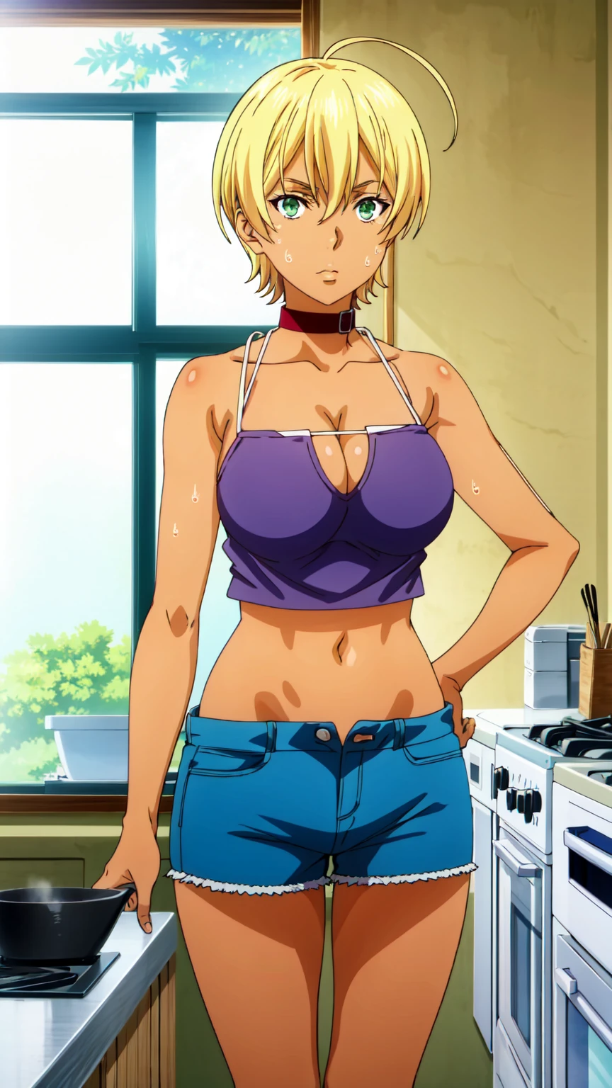 tall body, tall, long legs, mature female, mature, adult, Shokugeki_Ikumi, 1girl, breasts, blonde hair, solo, green eyes, dark skin, dark-skinned female, short hair, shorts, sweat, navel, large breasts, ahoge, cleavage, hand on hip, short shorts, midriff, looking at viewer, denim shorts, denim, collar, tank top, kitchen, indoors, crop top, stove, open fly, cowboy shot, window, blue shorts, bare shoulders, collarbone, holding, hair between eyes, closed mouth, cooking, unbuttoned, standing, tan