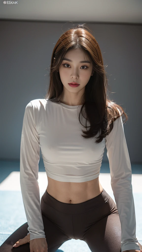 ((photorealistic lighting, Top Quality, 8k, masterpiece: 1.3)), Clear Focus: 1.2, One woman, Perfect Body Beauty: 1.4, Slim abs: 1.1, ((Dark-brown hair, larger: 1.3)), (Accelerate: 1.4), (gym, nighttime: 1.1), gym,Yoga Pants, Slim Faces, Narrow Eyes, Double eyelidd, Valley exposure, Incredibly Absurd, Messy hair, Floating head, Long sleeve t-shirt, fashion model pose,Full-body shot,Chest bone visible top,Yoga pants in different colors,