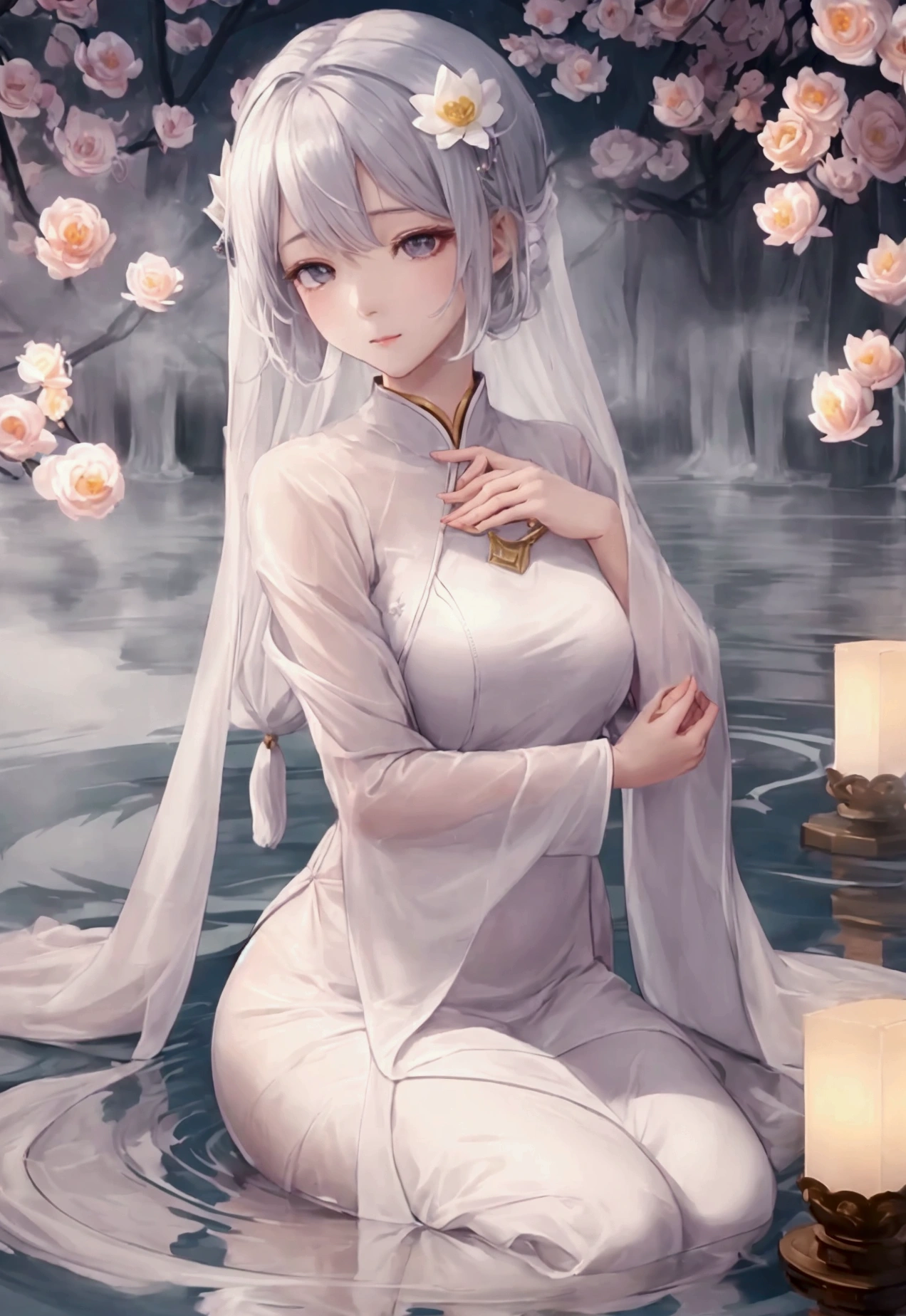 "蓮華座のelegant女性のプレミアム高解像度写真, Surrounded by giants, pale pink lotus flowers that seem to float in a dreamy mist. The color is soft、that'elegant., Pale pink accents, white, And pastel colors. illuminationは柔らかく拡散している, create a sense of peace and tranquility. This photo has a mysterious and enigmatic feel to it.., Focus on peace and quiet. The Woman'The face shows calmness, And her eyes are closed, Reflecting peace of mind. The photo must be detailed, Beautiful lotus petals, mist, illumination, Highlight composition that places the woman in the center of the image, Creates a sense of balance and relaxation, Gives the viewer a sense of peace."