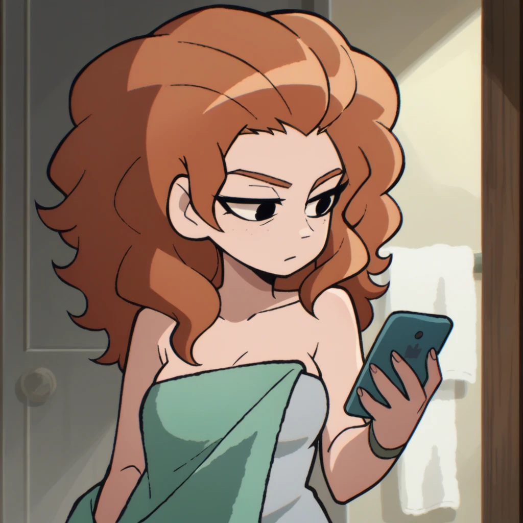 score_9, score_8_up, merida, wrapped in towel, medium breasts, holding phone
