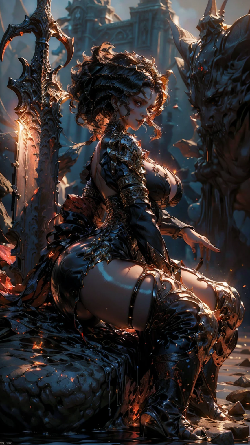 (score_9,score_8_above,score_7_above),1 girl,demon girl,Red hair,Red eyes,Alas,claws,black dress,beautiful_face, ((huge perky breasts, deep cleavage 1.8, thick thighs, curvy figure, oily skin, oily body, shiny skin))((sitting on Rock, spreading legs wide open, huge sword in front)) POV from back,