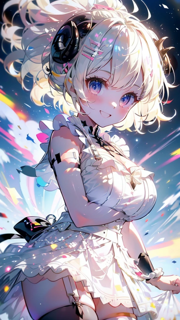 (Ultra-high resolution,masterpiece, Attention to detail, Highest quality), 8k,(WatameNightFever, ponytail, hairclip, white dress, sleeveless, arm band, thigh strap, black thighhighs ,huge breasts),(Blessed,Captivating body、Ultra-detailed skin、Super beautiful eyes、Detailed Background),One girl、 (cheerful ,enjoy :1.5),
