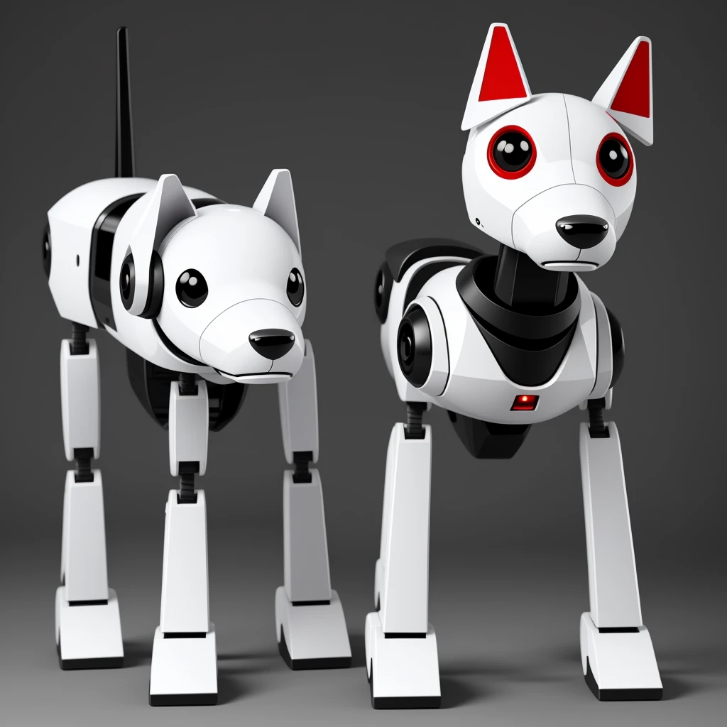 simple dog 1robot with cartoon style 1 type robot with variation props, 1angle 1side, geometrical, high detail, best quality, simple dark background