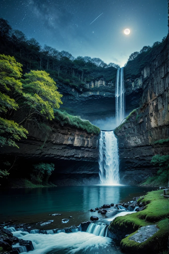 A beautiful landscape image in which water goes down to up in waterfall and the midnight effect with moon and moonlight timing
