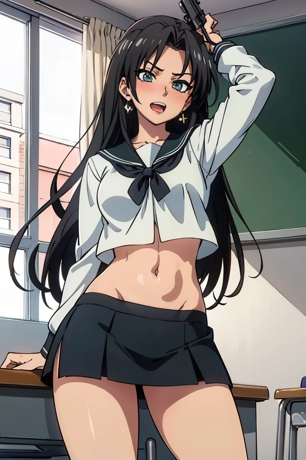 hasegawa chisato, long hair, blush, lipstick, jewelry, earrings, Hot girl, baddie, staring, glaring, bad attitude, mean girl, dare, angry, hate, crazy, smoking, sensual, attractive , masterpiece, best quality, highly detailed, a anime girls in sailor uniforms with a gun posing for a picture,
evil smile, smile, open mouth,black_serafuku, ecchi anime style, anime girls , (nsfw) not safe for work,
ecchi style, ecchi, shipgirls, digital anime art!!, high school girls, holding a gun, hold a gun, anime style 4
k, micro skirt, exposed belly, exposed navel, exposed midriff, holding pistol,
exposed lower belly,school, classroom, 