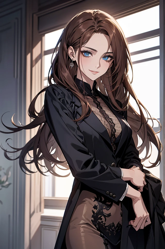 (Highest quality,High resolution,Very detailed), Beautiful and elegant light blue eyes, Brown Hair, Cold Smile, Straight long hair tied back, Wearing a black suit, Woman, Age 25el smile, Calm and Calm, Slim figure, Pale complexion, In the conference room.