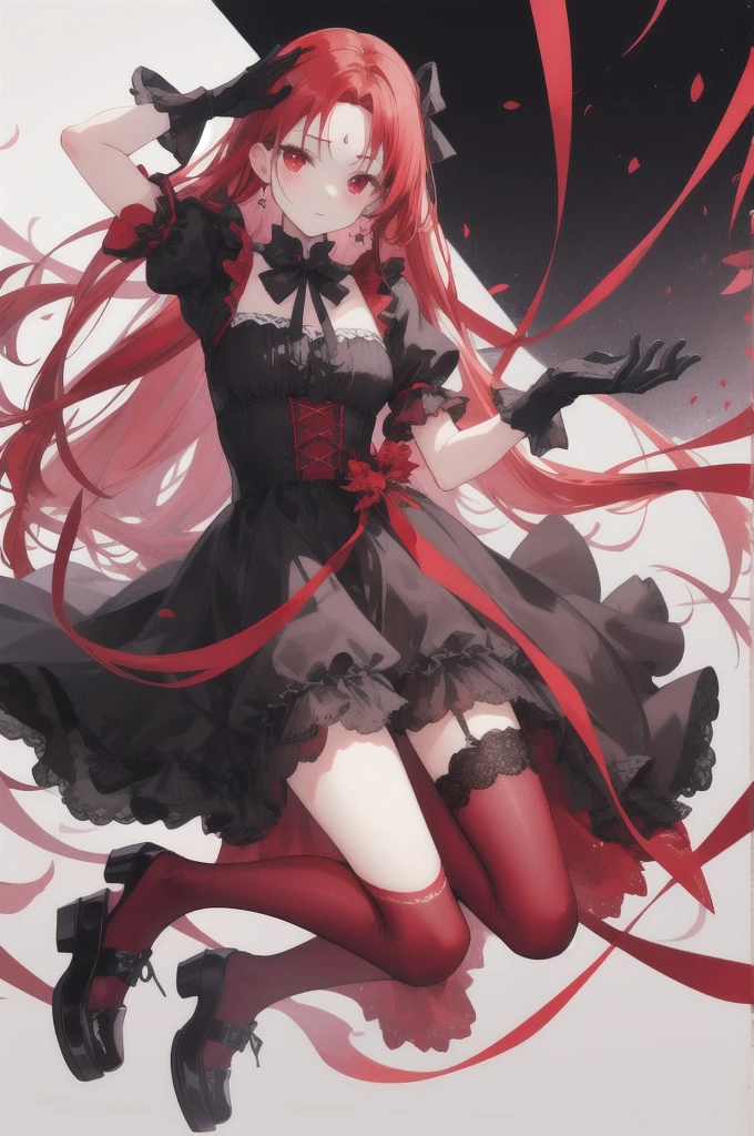 red hair, head with forehead visible, long straight hair, red eyes, Red frilly dress with black trim, black gloves and shoes, big black ribbon above head