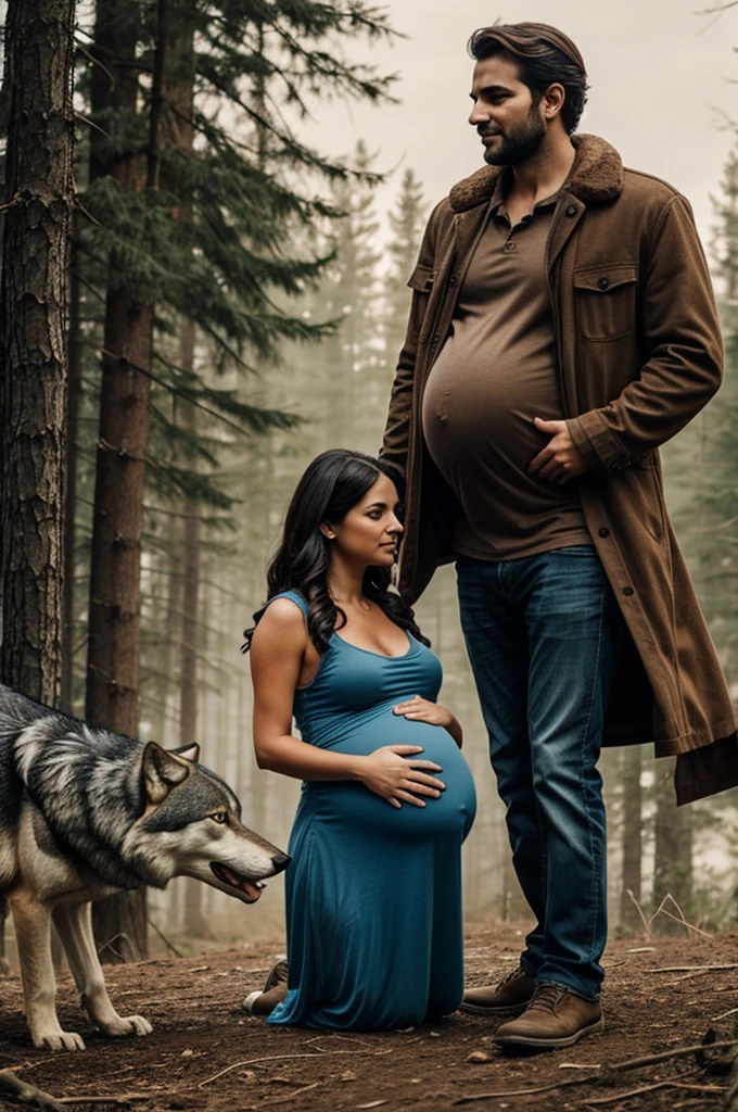 Pregnant woman, a wolf, and a man