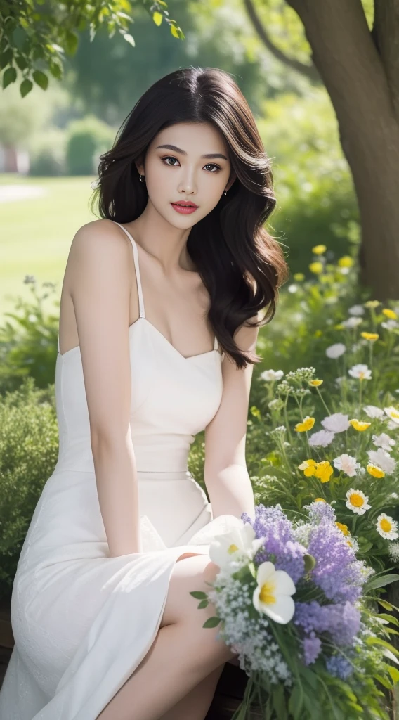 Fashion model 18 years old [[[[Close-up cleavage]]]], [[[[breast]]]], [[[[Cole]]]], [[[[Shoulder]]]], Perfect eyes, Perfect Iris，Perfect lips，Perfect Teeth，Perfect skin，Long face，Long and thin nose，Fair skin，Soft headlight，HDR，girl，Random，Background is outdoor，Green trees and flowers，（Pastel colors：1.2）