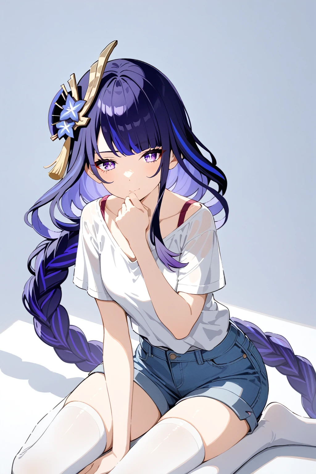 watercolor (medium),1girl, raiden shogun, genshin impact，solo,alone,Wearing a bright white top with blue denim shorts highlights the girls body lines. White stockings and cat ear headdress are the finishing touches. The girl chose to sit on the floor. This posture usually gives people a relaxed, relaxed feeling. Relaxed feeling, casual feeling, sexy figure, pure white background