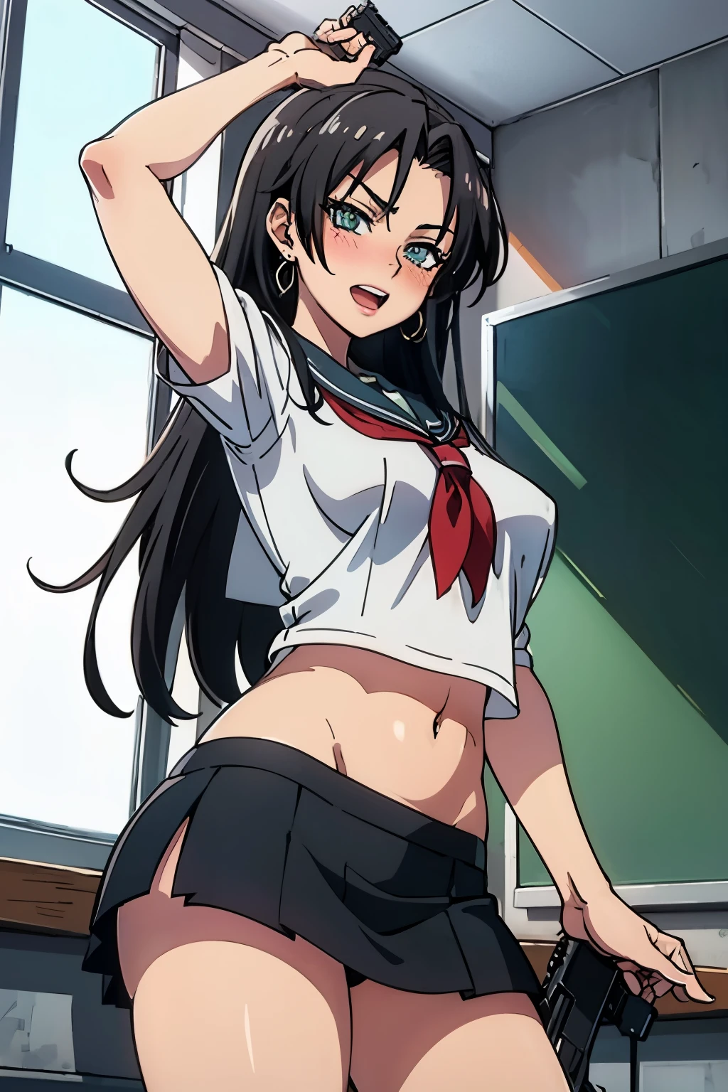 hasegawa chisato, long hair, blush, lipstick, jewelry, earrings, Hot girl, baddie, staring, glaring, bad attitude, mean girl, dare, angry, hate, crazy, smoking, sensual, attractive , masterpiece, best quality, highly detailed, a anime girls in sailor uniforms with a gun posing for a picture,
evil smile, smile, open mouth,black_serafuku, ecchi anime style, anime girls , (nsfw) not safe for work,
ecchi style, ecchi, shipgirls, digital anime art!!, high school girls, holding a gun, hold a gun, anime style 4
k, micro skirt, exposed belly, exposed navel, exposed midriff, holding pistol,
exposed lower belly,school, classroom, 