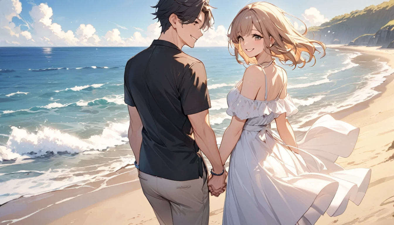 (Highest quality),Couple,Holding hands and smiling,beach