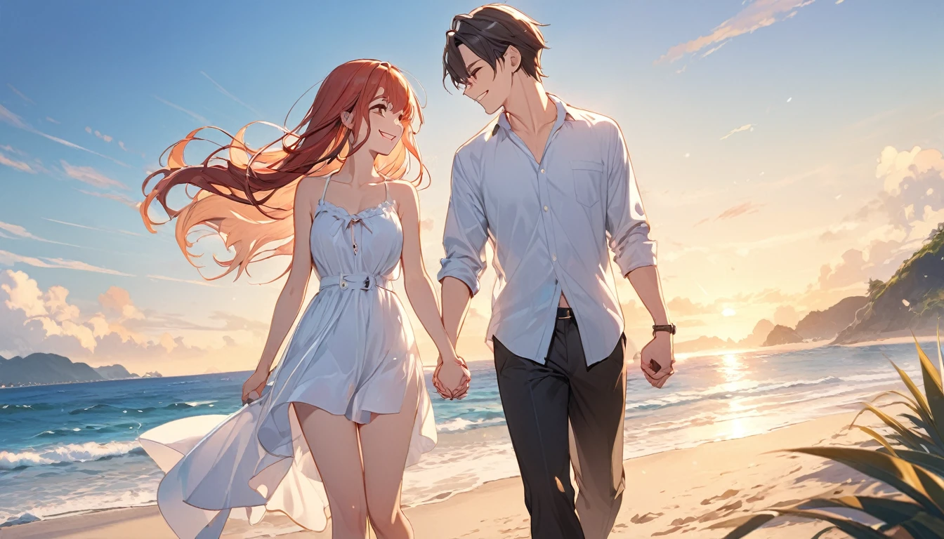 (Highest quality),Couple,Holding hands and smiling,beach