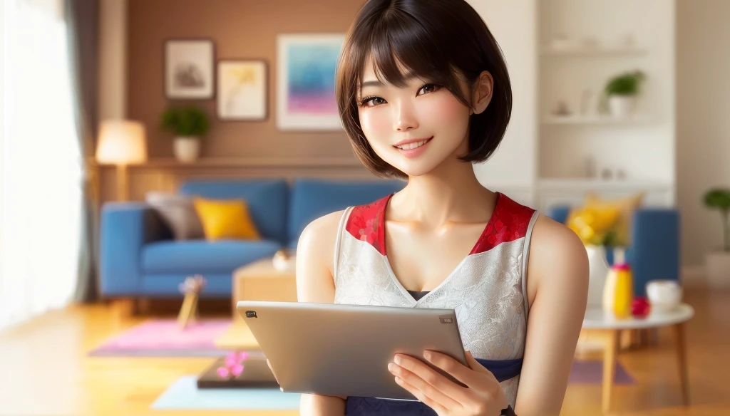 masterpiece, realistic, photorealistic, best quality, beautiful detailed, natural lighting, sharp focus, depth of field, slim body, abs:1.2, cleavage, best quality real texture skin, Detailed beautiful delicate face and eyes, beautiful Japanese young woman, eyes open, looking at viewer, best quality real texture skin, Detailed beautiful delicate face and eyes, double eyelid, smile:1.2, white teeth:1.2, very short straight brown hair,