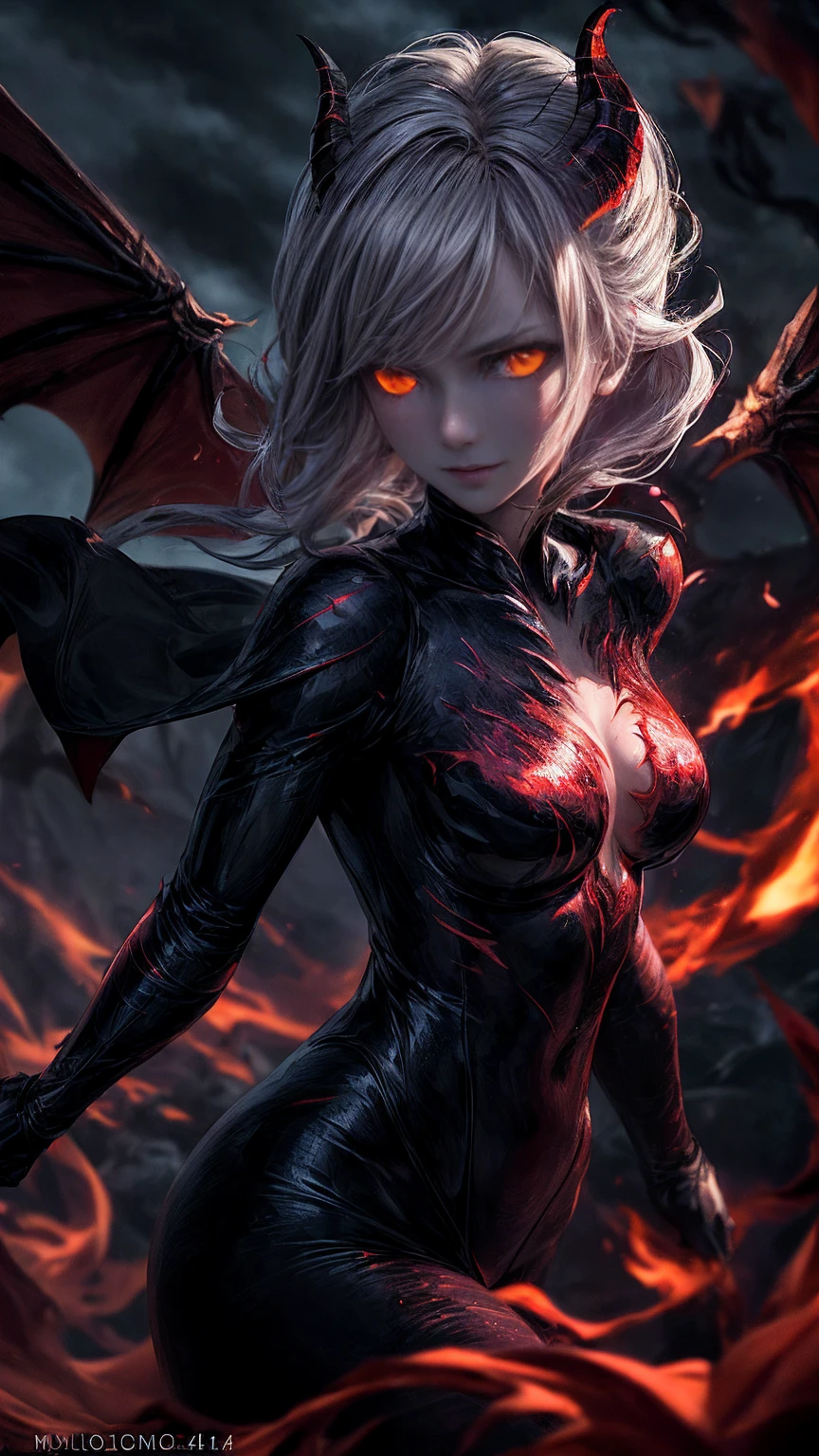 Storyboard, masterpiece, highest quality, dragonlady queen, perfect demoness, bright red glowing eyes, detailed eyes (1.4), scars on face, villainous expression, flaming skin body with bioluminescent glowing pattern, ready for battle, blurred stormy background, dark atmosphere, lighting in background,full body,