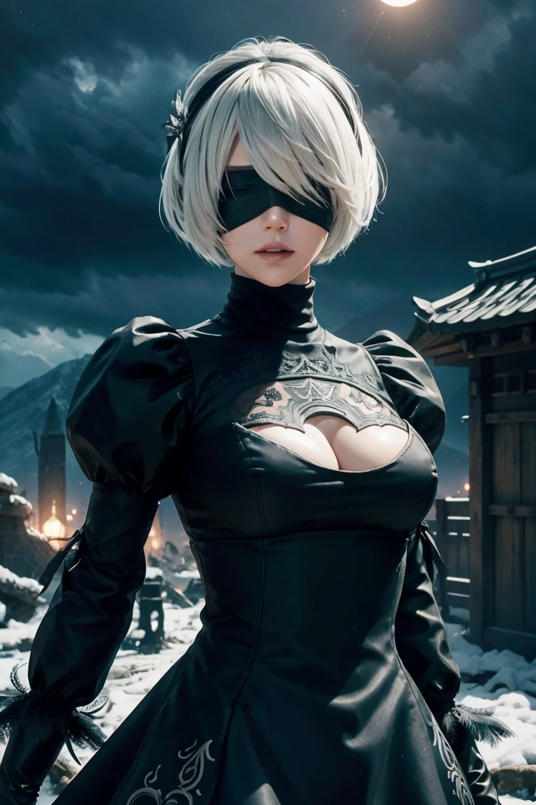 2B Nier Automata,Bobcut, Gray Hair,Long sleeve, Juliet Sleeve, White gloves, turtleneck, bangs, Feather ornament, Feather ornament sleeves, Blindfold, Black Goth Dress,Japanese Ultra HD,super high quality,masterpiece,Digital SLR,Photorealistic,Detailed details,Vivid details,Depicted in detail,A detailed face,Detailed details,Super Detail,Realistic skin texture,Anatomical basis,Perfect Anatomy,Anatomically correct hand,Anatomically correct fingers,Complex 3D rendering,Sexy pose,Rainy Sky,Beautiful scenery,Fantastic rainy sky,Fantasy worldview,Beautiful night sky,moonlight,Beautiful night skyの月,Picturesque,Pink Lips,Black butterfly々Fluttering,A ruined world,A devastated battlefield,ruins,