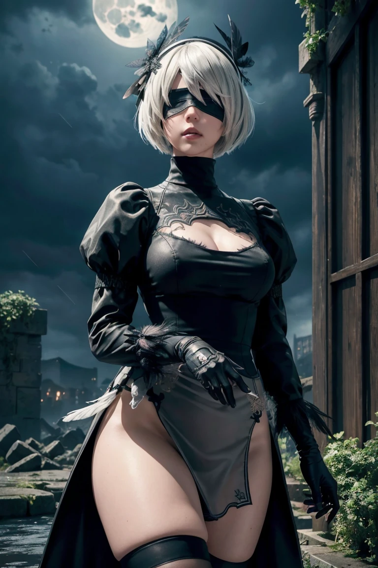 2B Nier Automata,Bobcut, Gray Hair,Long sleeve, Juliet Sleeve, White gloves, turtleneck, bangs, Feather ornament, Feather ornament sleeves, Blindfold, Black Goth Dress,Japanese Ultra HD,super high quality,masterpiece,Digital SLR,Photorealistic,Detailed details,Vivid details,Depicted in detail,A detailed face,Detailed details,Super Detail,Realistic skin texture,Anatomical basis,Perfect Anatomy,Anatomically correct hand,Anatomically correct fingers,Complex 3D rendering,Sexy pose,Rainy Sky,Beautiful scenery,Fantastic rainy sky,Fantasy worldview,Beautiful night sky,moonlight,Beautiful night skyの月,Picturesque,Pink Lips,Black butterfly々Fluttering,A ruined world,A devastated battlefield,ruins,