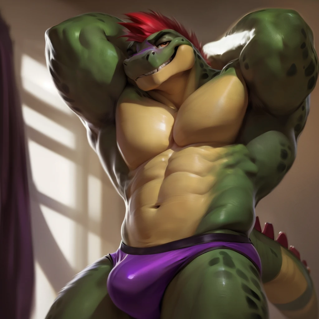 Montgomery Gator, Male, Solo, Muscular, Muscle: 3, Pectoral Muscle: 2, Big Pecs, Abs, Claws, Correct anatomy, Front View, Private Room Background, Bulge, Grinning at Viewer, (Photorealistic, Realistic shadows, depth of field, Wide Dynamic Field, Dark Shadows, HDR, Low Light: 1.2, Very Low Angle, Front Shot), (by null-ghost, by Chunie, by darkgem), Grinning at Viewer, Tail, Speedo, Hands Behind Head,