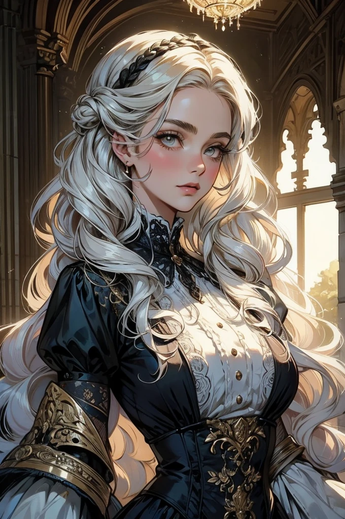 beautiful illustration, ultra-detailed, masterpiece, victorian hairstyle, wavy hair, vintage hairstyle, white hair