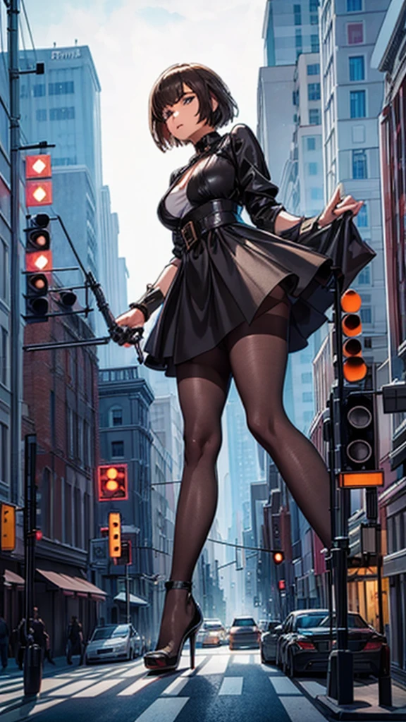 highly detailed, short hair, giant woman bigger than a skyscraper, black pantyhose, her shoes are high heels, stilettos, tiny metropolis, trying to destroy a miniature metropolis, full body depiction, nffsw, black pantyhose, stomping city, crush city, small town, micro city,