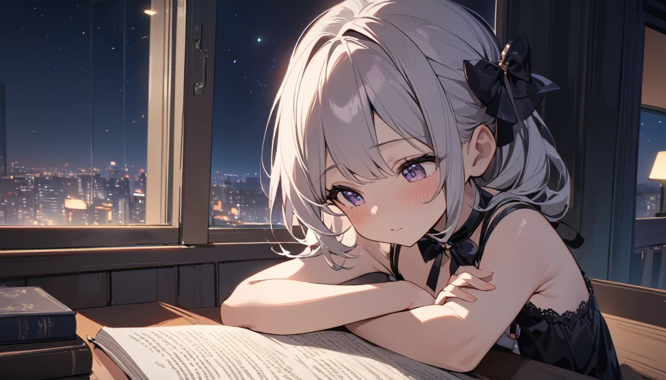 First-class quality,8K resolution,masterpiece,Fresh,Close-up shot,Chinese bows her head to read a book,Sitting at the table,Fashion suspender top,Fair skin,Bright colors,Summer Night,The background is a window,Night view outside the window