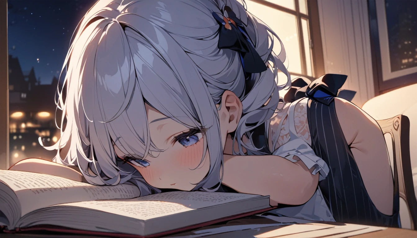 First-class quality，8K resolution，masterpiece，Fresh，Close-up shot，Chinese little girl bows her head to read a book，Sitting at the table，Fashion suspender top，Fair skin，Bright colors，Summer Night，The background is a window，Night view outside the window