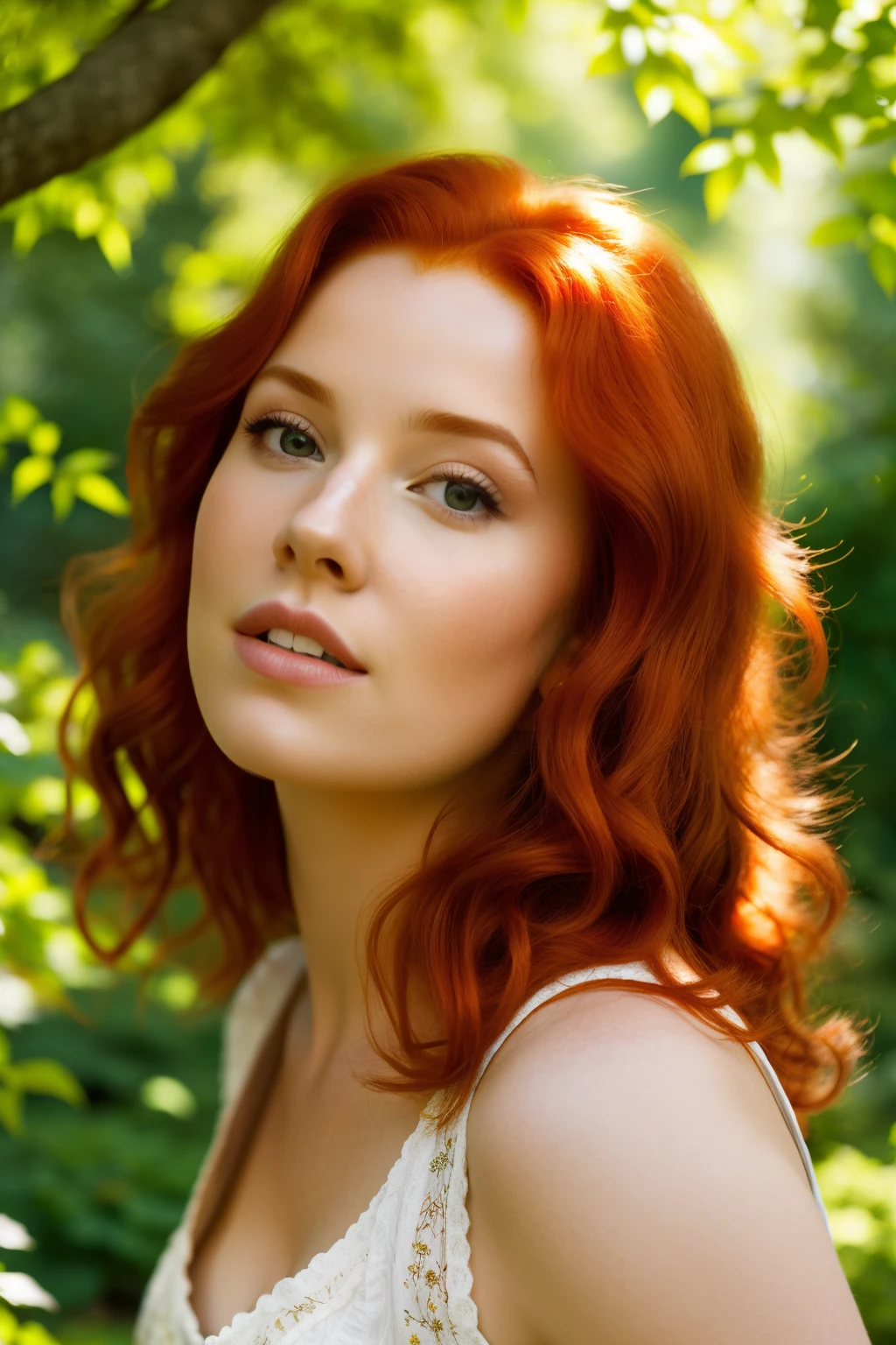 A captivating redheaded woman, her hair cascading in fiery curls, blows a playful kiss towards the camera. The scene is set in an idyllic garden, bathed in soft, warm sunlight filtering through the leaves of the trees. The overall composition is an arresting 9:16 aspect ratio, framing the woman's face and shoulders beautifully, with her expressive eyes sparkling with mischief and warmth. The image is further enhanced by sharp focus, adding an air of intimacy and charm to this moment. (belle redhead, blows a kiss, 9:16 aspect ratio, soft sunlight, garden setting, idyllic scene, sharp focus,