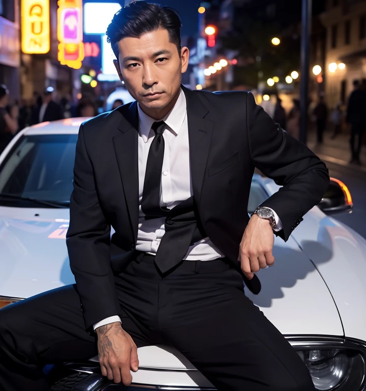 50 years old,One Man,Black Suit,Night parking、mafia、Bend、Spread your legs wide、Hold a gun,Open your legs more,logic,Gay ,Very Short Hair,Stubble,Asian Faces,Handsome Dad,Bulging in the crotch area of pants ,looking at the camera