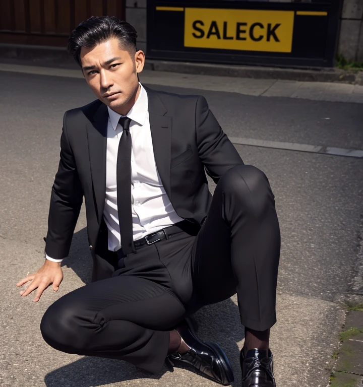50 years old,One Man,Black Suit,Night parking、mafia、Bend、Spread your legs wide、Hold a gun,Open your legs more,logic,Gay ,Very Short Hair,Stubble,Asian Faces,Handsome Dad,Bulging in the crotch area of pants ,looking at the camera