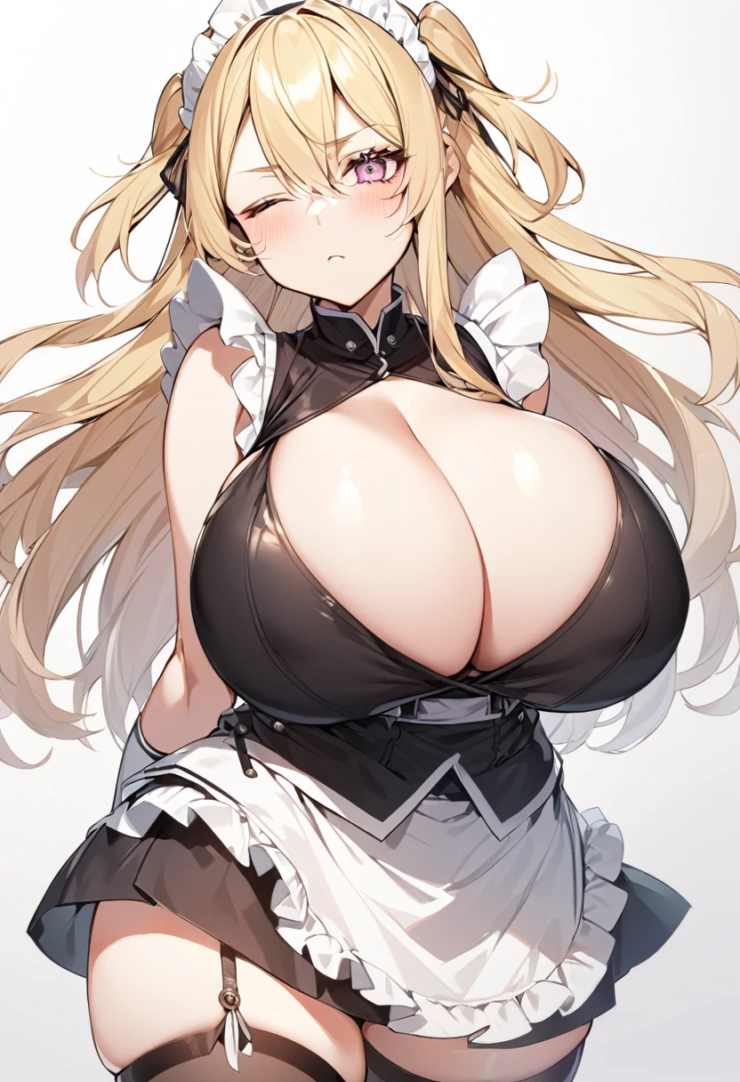 (One girl)、medium length hair、(sidelock)、((Blonde))、(slan eyes)、（boyish）、cute、(Big super breasts)、((Chubby))、Maid、No sleeve、mini skirt、White sleeveless、thigh-high socks thighhighs、(long gloves)、hairs between eyes、(coarse hair)、[flipped hair]、pink eye、expressionless、one eye closed、arm behind back、two side up、White Background、