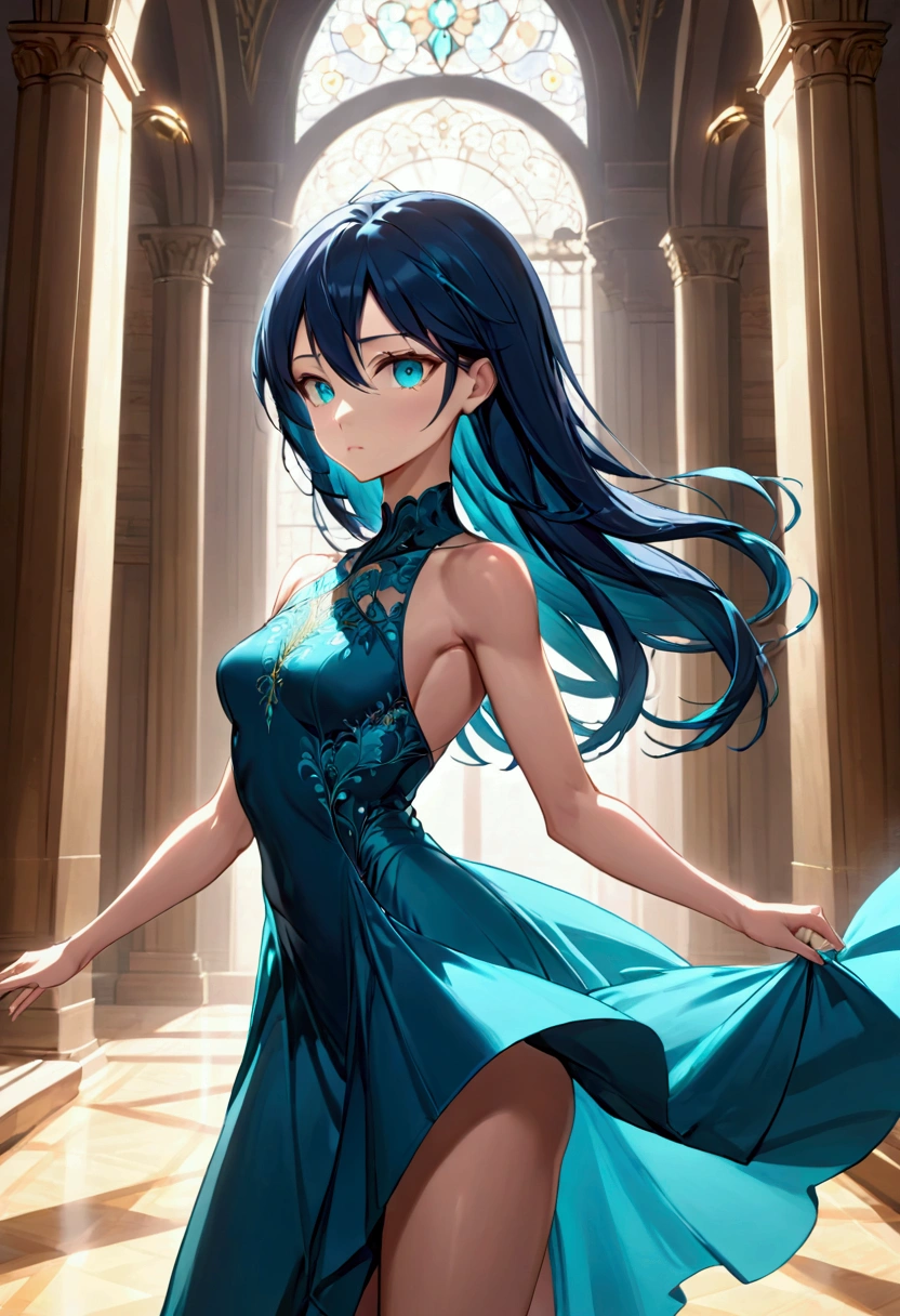 Anime girl with dark blue hair and turquoise eyes, slender and athletic body type,Her physique is lean and toned,wearing an elegant dress