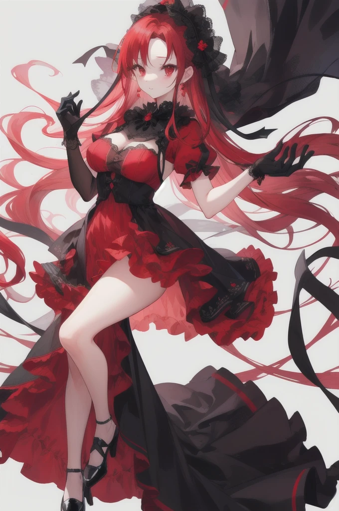 red hair, head with forehead visible, long straight hair, red eyes, red ruffle dress, black trim on dress, black gloves and shoes, big black ribbon above head