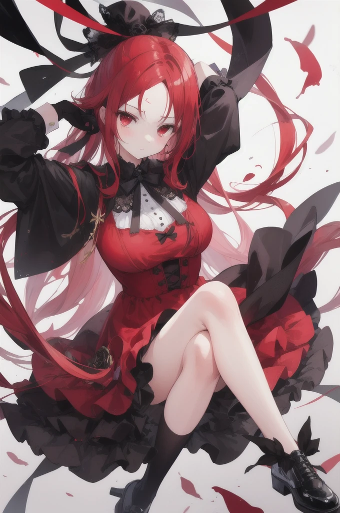 red hair, head with forehead visible, long straight hair, red eyes, red ruffle dress, black trim on dress, black gloves and shoes, big black ribbon above head