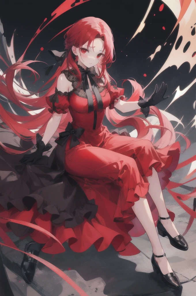 red hair, head with forehead visible, long straight hair, red eyes, red ruffle dress, black trim on dress, black gloves and shoes, big black ribbon above head