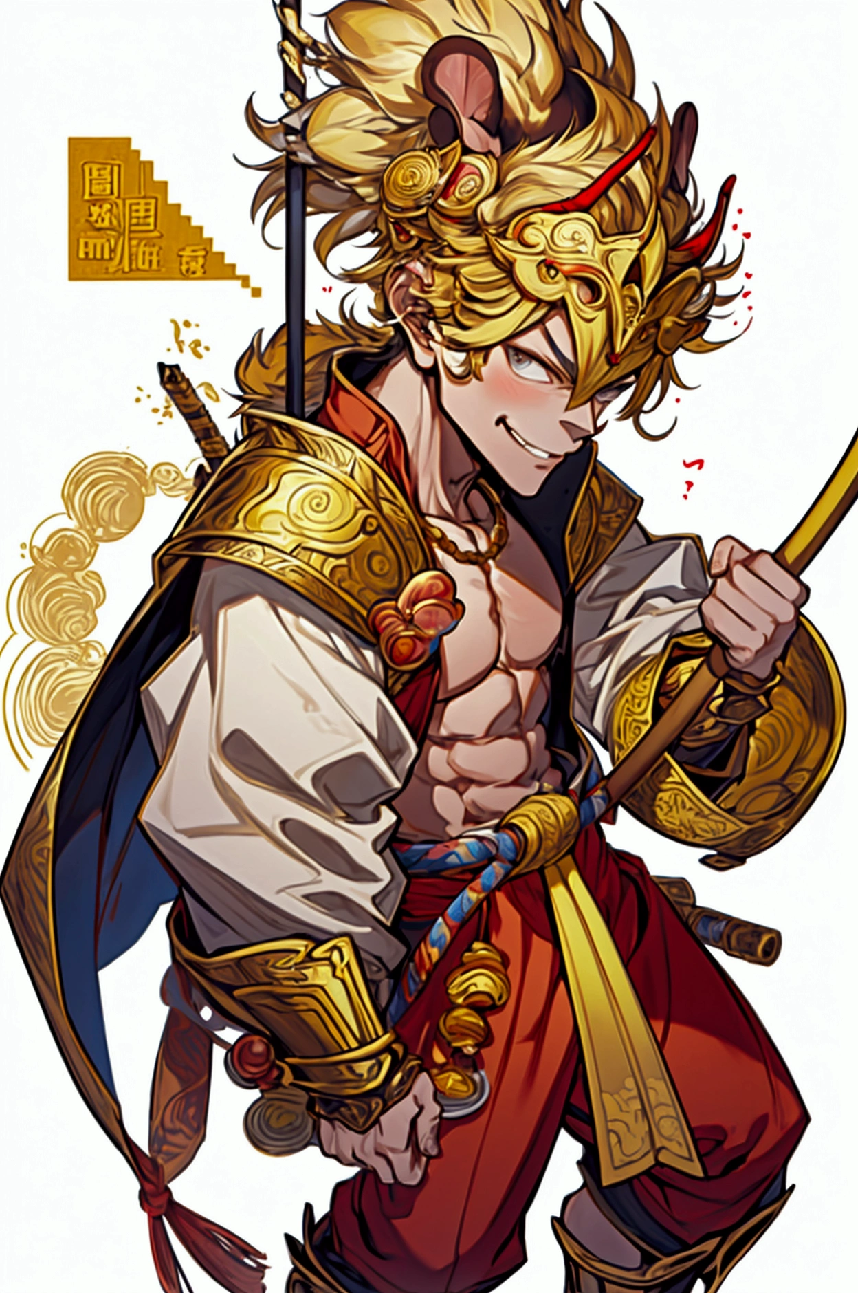 Pixel,Pixel风格,The Monkey King,Sun Wukong,The Monkey King,Holding a golden hoop rod,Wearing armor,Full body portrait,front Photo,No background