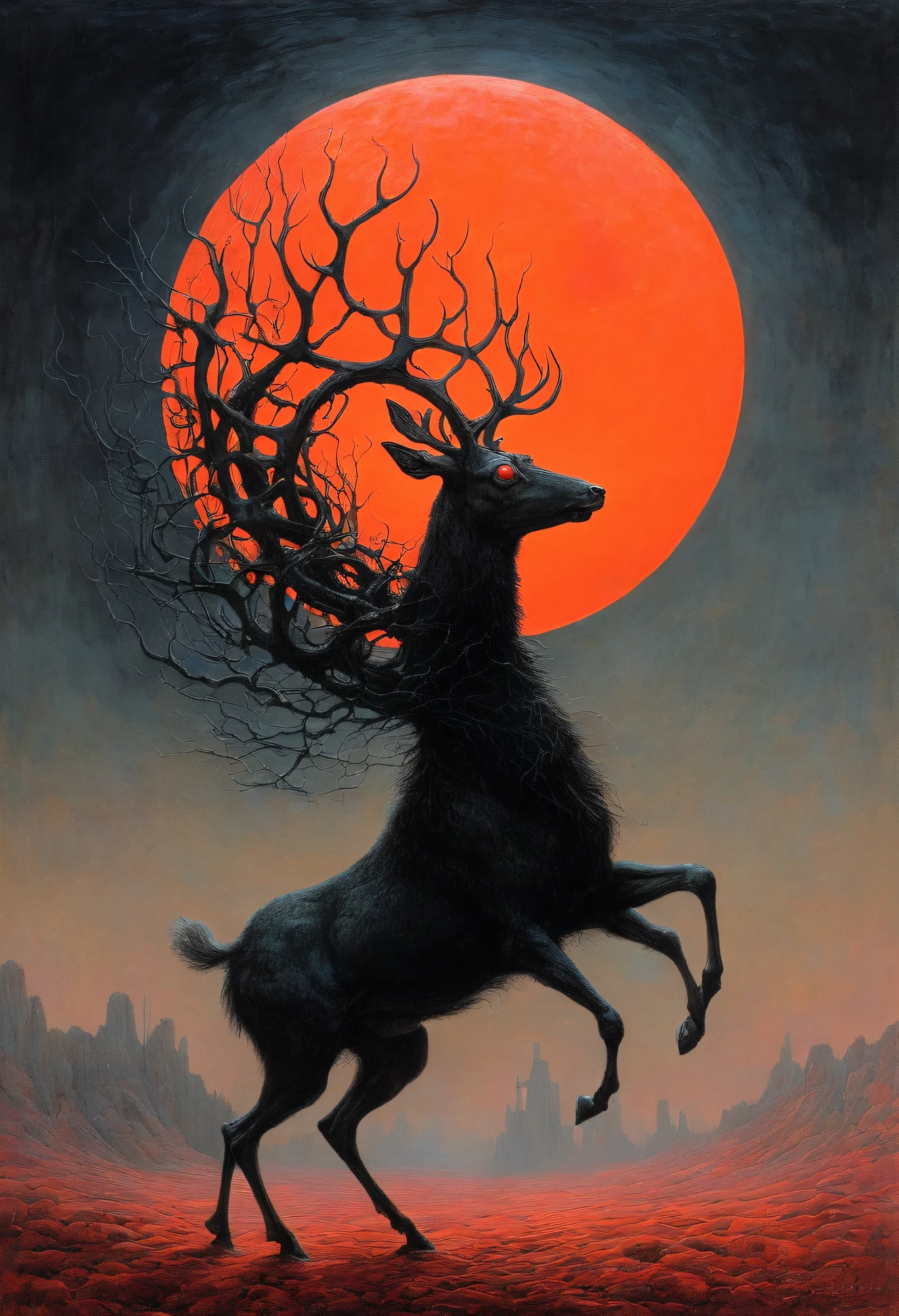Mythical black reindeer, author：Zdzislaw Beksiński、Big eyes、Red Moon