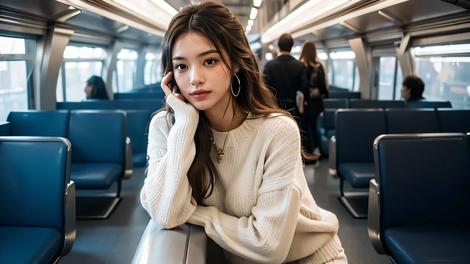 Hyperrealistic, cinematic quality, futuristic train footage. Cyberpunk atmosphere. Hyper-futuristic and colorful lighting. A mix of antique and hyper-futuristic inside the train. The seats are crowded with passengers. Scene: The woman is (happy) with her hand on her cheek, indicating her excitement at meeting the man of her dreams. Main Description Appearance: Wavy brown hair, beige sweater and long white pants. Emotion: Her body language clearly conveys excitement and joy.