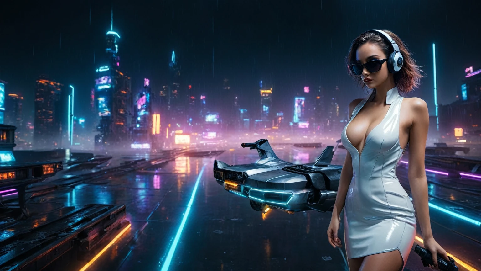 (aerial view, a flying cars docking platform, a very dark abandoned futuristic city, neon lights), rainy night. 1girl, solo, alone, large-breast:1.2 slim body, cleavage:1.1, sexy wind blowing wet dress:1.4, (headphone, black sunglasses), (((((she raised:1.8 a pistol:1.8 and took aim at viewer))))), dynamic pose, (((half-body thigh level medium shot))), cinematic lighting, lens flare, ray tracing.